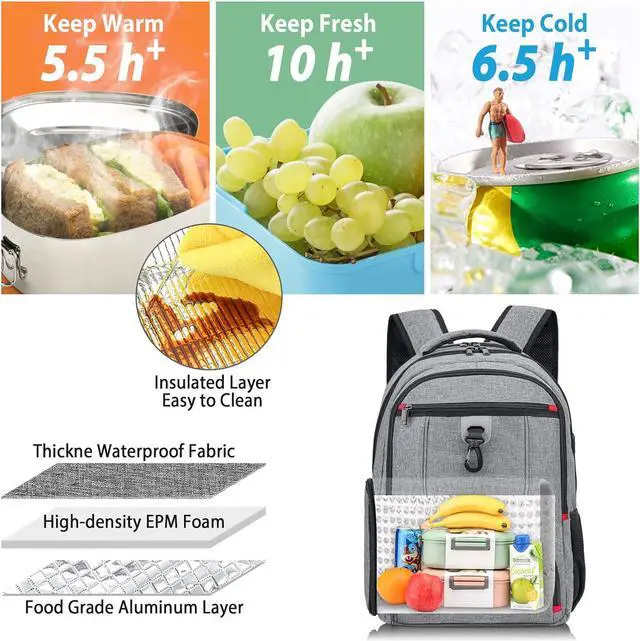 Alt view image 2 of 7 - Lunch Backpack, Insulated Cooler Lunch Bag Backpack, Large Travel 17.3 Laptop Back Pack Sturdy Computer College School Bookbag for Women Men for Men Women Work Hiking Picnic