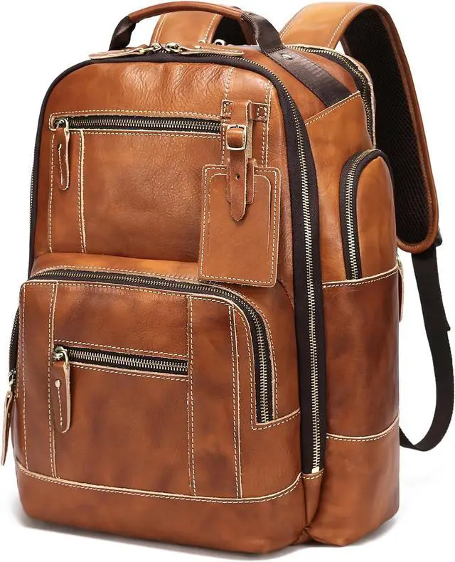 Main image of LANNSYNE Vintage Genuine Leather Backpack for Men, 15.6" Laptop Backpack Camping Travel 24L Rucksack