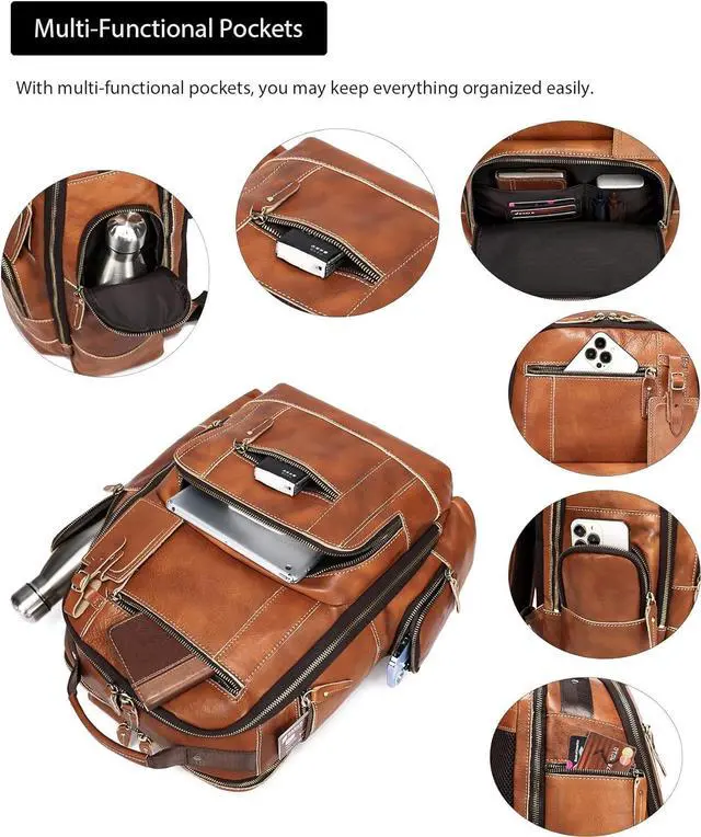 Alt view image 3 of 7 - LANNSYNE Vintage Genuine Leather Backpack for Men, 15.6" Laptop Backpack Camping Travel 24L Rucksack