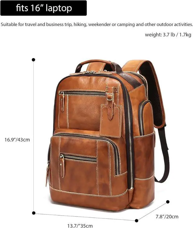Alt view image 6 of 7 - LANNSYNE Vintage Genuine Leather Backpack for Men, 15.6" Laptop Backpack Camping Travel 24L Rucksack