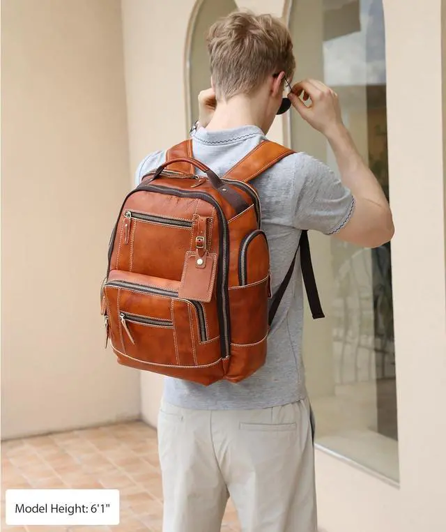 Alt view image 7 of 7 - LANNSYNE Vintage Genuine Leather Backpack for Men, 15.6" Laptop Backpack Camping Travel 24L Rucksack