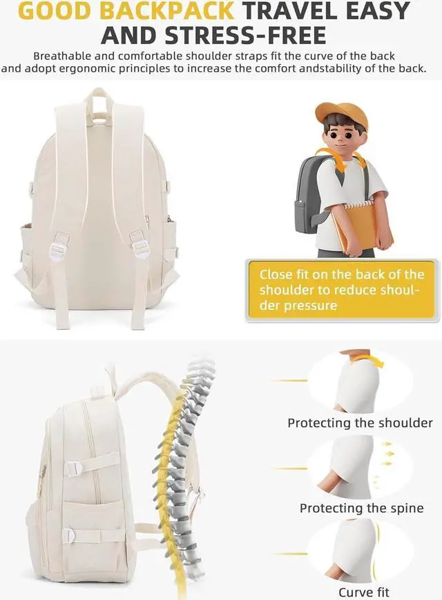Alt view image 6 of 7 - Lightweight Backpack for Women, Large Laptop Travel Backpack Casual Daypack College Bag Rucksack for Men. Beige