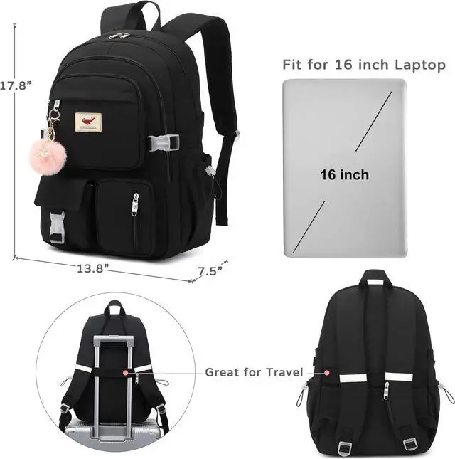 Alt view image 6 of 6 - LXYGD Laptop Backpack 15.6 Inch Kids Elementary Middle High School Bag College Backpacks Anti Theft Travel Back Pack Large Bookbags for Teens Girls Women Students (Black)