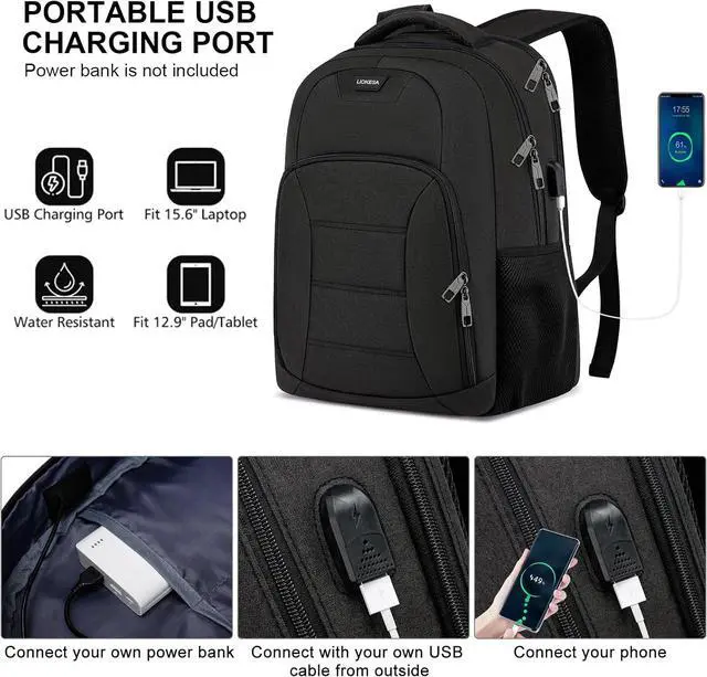 Alt view image 3 of 7 - School Backpacks for Teen Boys Girls, Laptop Backpack with USB Charging Port, 15.6 Inch Water Resistant College Bookbag Daypack for Men Women, Black
