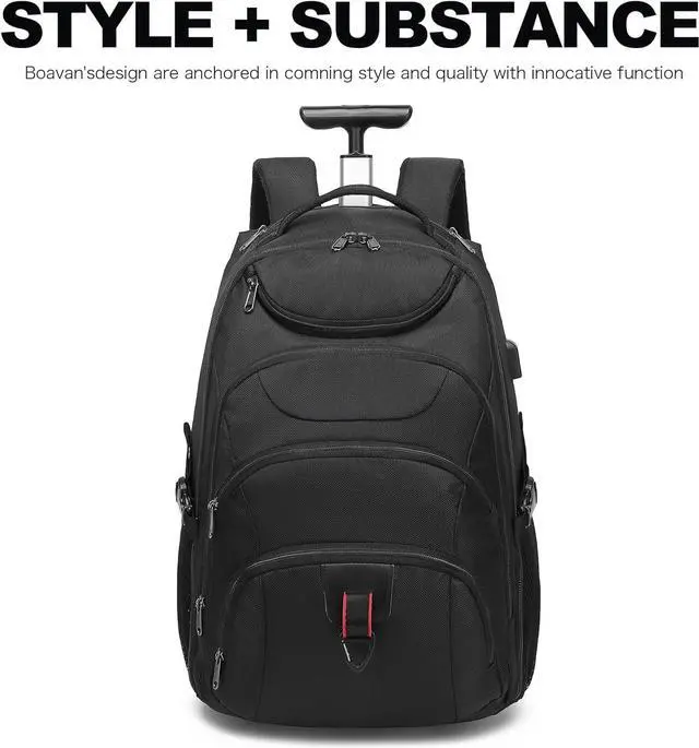 Alt view image 2 of 6 - Boavan Rolling Backpack,17 inch Water Resistant Wheeled Backpack,Carry on Luggage Business Bag, Overnight College Computer Trolley Suitcase for Men Women Adults to TravelBlack
