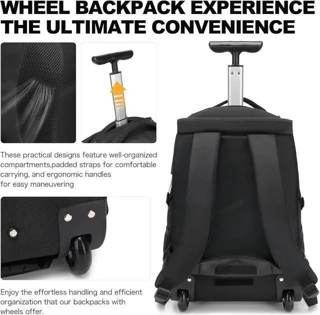 Alt view image 3 of 6 - Boavan Rolling Backpack,17 inch Water Resistant Wheeled Backpack,Carry on Luggage Business Bag, Overnight College Computer Trolley Suitcase for Men Women Adults to TravelBlack