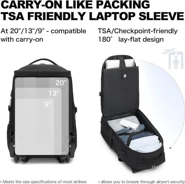 Alt view image 4 of 6 - Boavan Rolling Backpack,17 inch Water Resistant Wheeled Backpack,Carry on Luggage Business Bag, Overnight College Computer Trolley Suitcase for Men Women Adults to TravelBlack
