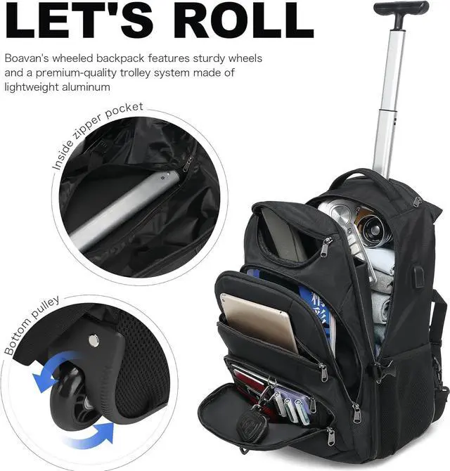 Alt view image 5 of 6 - Boavan Rolling Backpack,17 inch Water Resistant Wheeled Backpack,Carry on Luggage Business Bag, Overnight College Computer Trolley Suitcase for Men Women Adults to TravelBlack