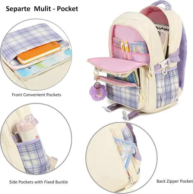 Alt view image 5 of 7 - AO ALI VICTORY Girls Backpack 15.6 Inch Laptop School Bag Cute Kids Elementary College Backpacks Large Bookbags for Teen Girl Women Students Anti Theft Travel Daypack - Beige