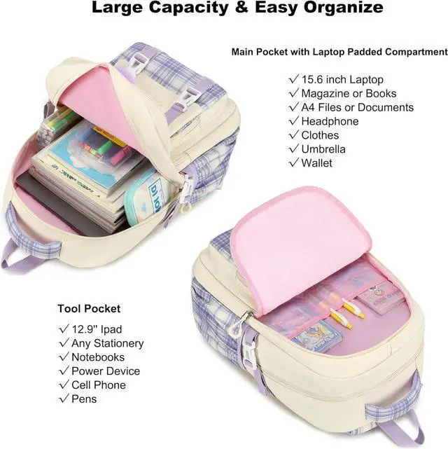 Alt view image 4 of 7 - AO ALI VICTORY Girls Backpack 15.6 Inch Laptop School Bag Cute Kids Elementary College Backpacks Large Bookbags for Teen Girl Women Students Anti Theft Travel Daypack - Beige