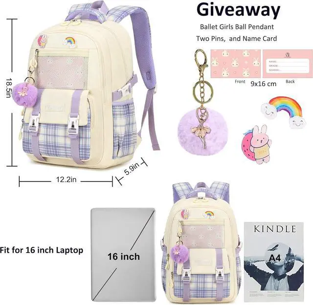 Alt view image 6 of 7 - AO ALI VICTORY Girls Backpack 15.6 Inch Laptop School Bag Cute Kids Elementary College Backpacks Large Bookbags for Teen Girl Women Students Anti Theft Travel Daypack - Beige