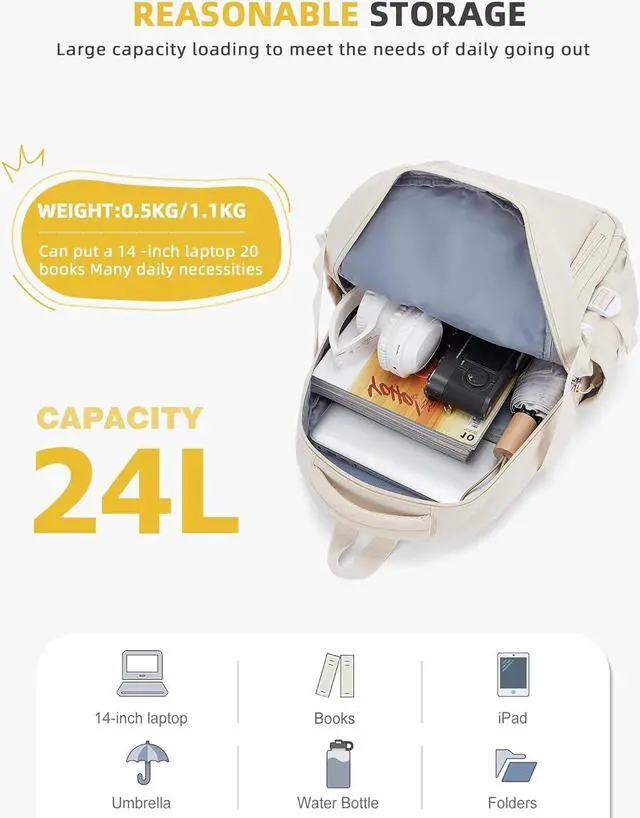 Alt view image 5 of 7 - Lightweight Backpack for Women, Large Laptop Travel Backpack Casual Daypack College Bag Rucksack for Men. Beige