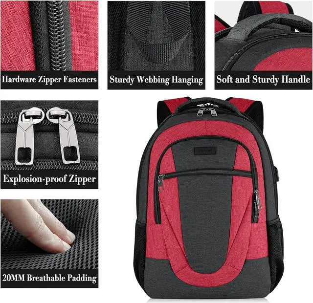 Alt view image 3 of 6 - Travel Laptop Backpack for Woman and Men, School Backpack for Teens with USB Charging Port, Waterproof College Back Pack for 15.6 IN Laptop Backpack, Adult Business Computer Travel Backpack, BlackRed