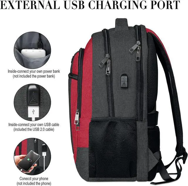 Alt view image 4 of 6 - Travel Laptop Backpack for Woman and Men, School Backpack for Teens with USB Charging Port, Waterproof College Back Pack for 15.6 IN Laptop Backpack, Adult Business Computer Travel Backpack, BlackRed