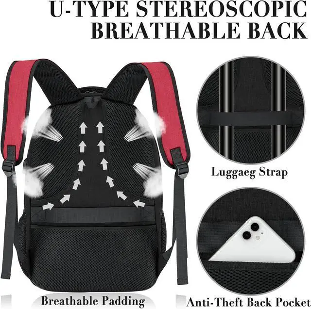 Alt view image 5 of 6 - Travel Laptop Backpack for Woman and Men, School Backpack for Teens with USB Charging Port, Waterproof College Back Pack for 15.6 IN Laptop Backpack, Adult Business Computer Travel Backpack, BlackRed