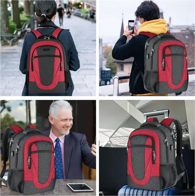 Alt view image 6 of 6 - Travel Laptop Backpack for Woman and Men, School Backpack for Teens with USB Charging Port, Waterproof College Back Pack for 15.6 IN Laptop Backpack, Adult Business Computer Travel Backpack, BlackRed