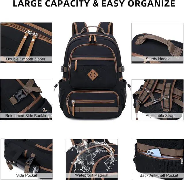 Alt view image 4 of 6 - Caoroky knight Laptop Backpacks College Bookbags Women Men Anti Theft Travel Backpacks Large Elementary Middle High School Bags for Kids Teens Girls Boys Students Adults Causal Daypack-Black