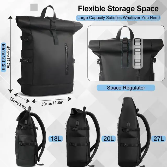 Alt view image 5 of 7 - Rolltop Backpack, 15.6 Inch Waterproof Laptop Backpack | with USB Charging Port, Expandable 18-27L Travel Backpack for Men Women, Casual Daypack for Work Business College-Black