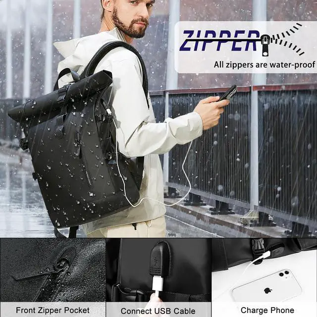 Alt view image 3 of 7 - Rolltop Backpack, 15.6 Inch Waterproof Laptop Backpack | with USB Charging Port, Expandable 18-27L Travel Backpack for Men Women, Casual Daypack for Work Business College-Black