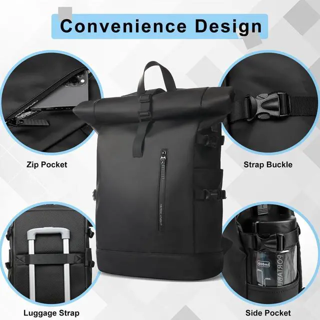 Alt view image 4 of 7 - Rolltop Backpack, 15.6 Inch Waterproof Laptop Backpack | with USB Charging Port, Expandable 18-27L Travel Backpack for Men Women, Casual Daypack for Work Business College-Black