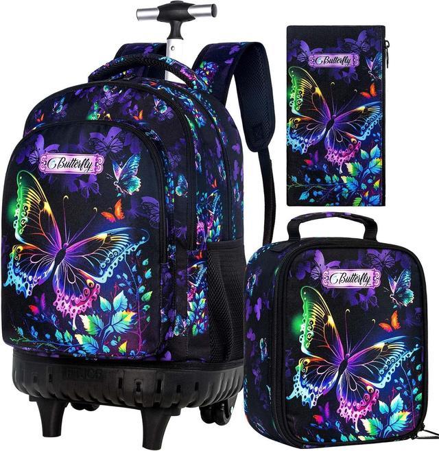 3Pcs Rolling Backpack for Girls Women Kids Roller Bookbag with Wheels Butterfly Wheeled Backpacks Set for Elementary Toddler Black Newegg