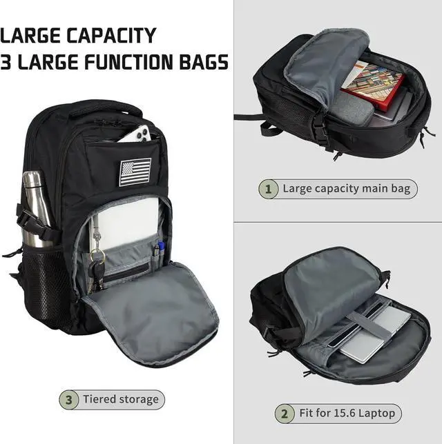 Alt view image 2 of 7 - 15.6'' Travel Laptop Backpack for Men, 30L Tactical College Backpacks with Water Pouches Both Sides, Portable Backpack for Men Women Business Work Bag Fight Approved, Black Backpack MEN WITH