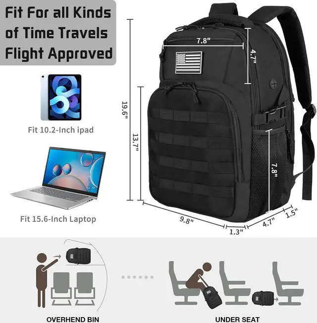 Alt view image 3 of 7 - 15.6'' Travel Laptop Backpack for Men, 30L Tactical College Backpacks with Water Pouches Both Sides, Portable Backpack for Men Women Business Work Bag Fight Approved, Black Backpack MEN WITH