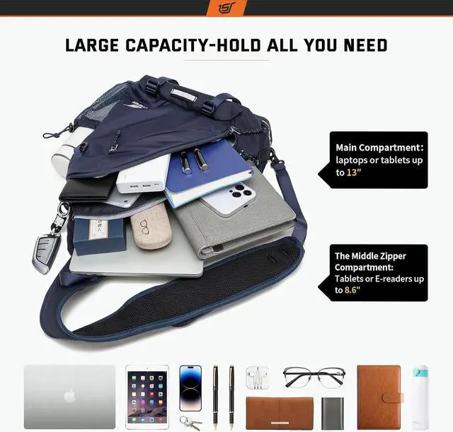 Alt view image 2 of 6 - SKYSPER Sling Laptop Bag (Up to 13 Inch) - 18L Crossbody Sling Backpack Travel Shoulder Bag Hiking Daypack for Men Women(Navyblue)