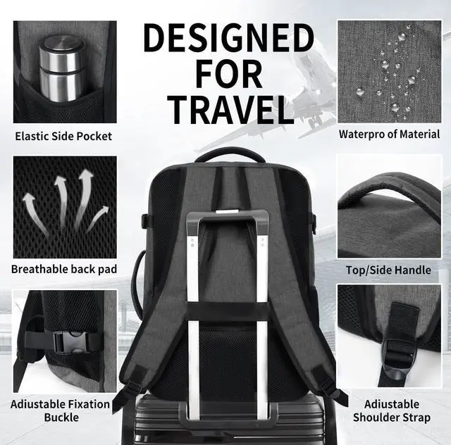 Alt view image 7 of 7 - Travel Backpack for Women,Carry On Bag for Airplanes,Large Personal Item Travel Bag Flight Approved,Waterproof 17.3 Inch Laptop Backpack Business Work Backpacks Men Mochila De Viaje,Grey