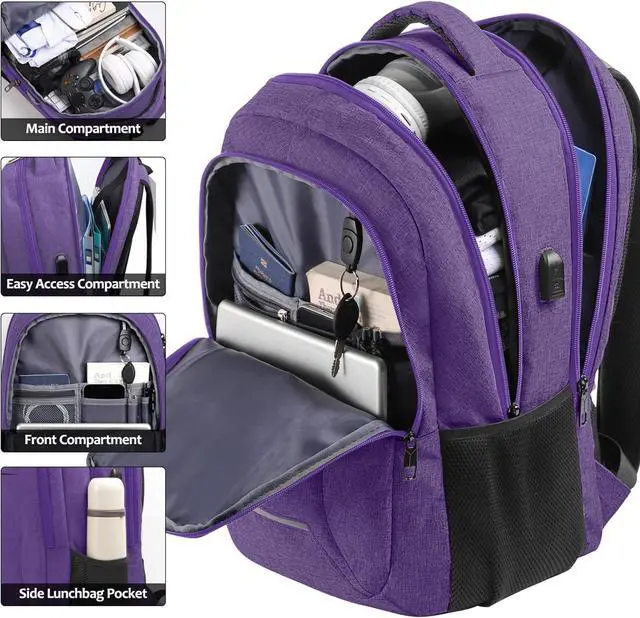 Alt view image 2 of 7 - Backpack for Men Women, School Backpacks for Teen Boys, Business Anti Theft Sturdy Travel Laptop Backpack with USB Charging Port, Water Resistant 15.6 Inch Computer Bag Gift, Purple