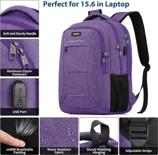 Alt view image 3 of 7 - Backpack for Men Women, School Backpacks for Teen Boys, Business Anti Theft Sturdy Travel Laptop Backpack with USB Charging Port, Water Resistant 15.6 Inch Computer Bag Gift, Purple