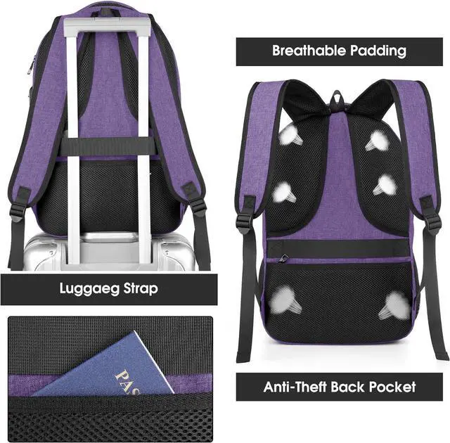 Alt view image 6 of 7 - Backpack for Men Women, School Backpacks for Teen Boys, Business Anti Theft Sturdy Travel Laptop Backpack with USB Charging Port, Water Resistant 15.6 Inch Computer Bag Gift, Purple
