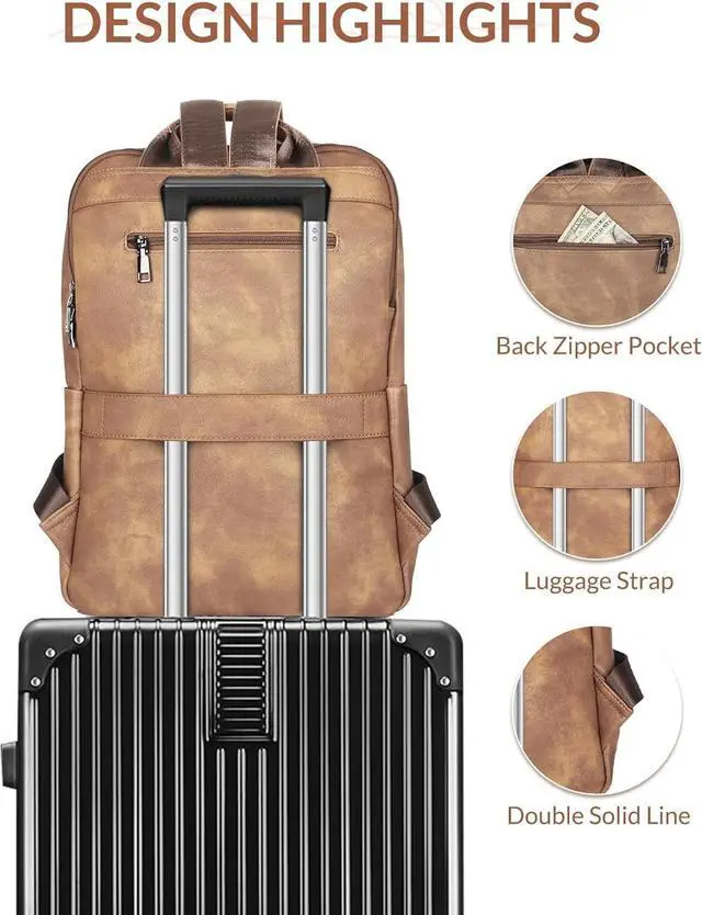 Alt view image 7 of 7 - Leather Backpack for Women, 15.6 inch Laptop Purse Daypack Camel | Women's computer Backpack: Dedicated 15.6" Compartment, 8-Pocket Organization, Luggage Strap, Travel/Business/Work