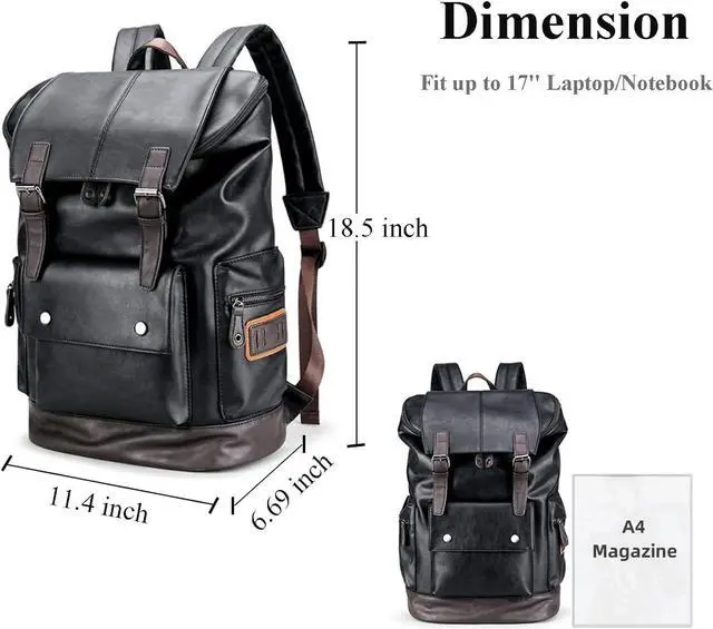 Alt view image 2 of 7 - CHAO RAN Leather Laptop Backpack for Men, Vintage Black Work Knapsack Large Travel Waterproof Bags 16inch Laptop For Commute Casual Business(Black)