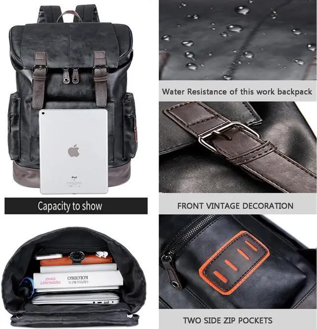 Alt view image 3 of 7 - CHAO RAN Leather Laptop Backpack for Men, Vintage Black Work Knapsack Large Travel Waterproof Bags 16inch Laptop For Commute Casual Business(Black)