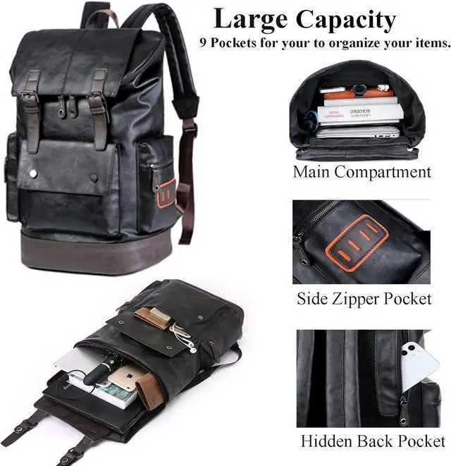 Alt view image 4 of 7 - CHAO RAN Leather Laptop Backpack for Men, Vintage Black Work Knapsack Large Travel Waterproof Bags 16inch Laptop For Commute Casual Business(Black)
