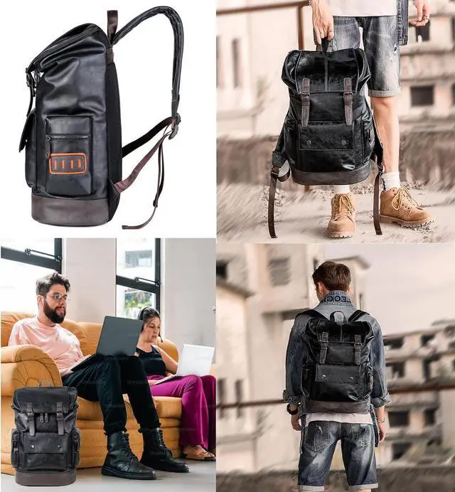 Alt view image 6 of 7 - CHAO RAN Leather Laptop Backpack for Men, Vintage Black Work Knapsack Large Travel Waterproof Bags 16inch Laptop For Commute Casual Business(Black)