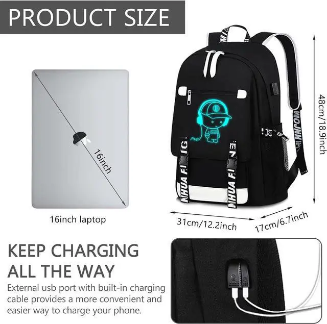 Alt view image 3 of 7 - School Backpack for Boys Print Backpack Teenagers Anime Large School Bag Outdoor Reflective Daypack.Luminous Pattern Travel Laptop Backpack - With Usb Charging Port Headphone port