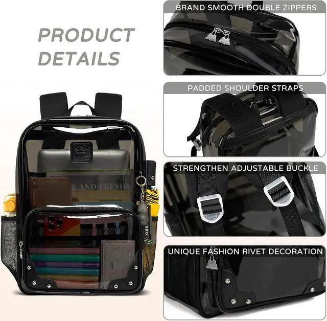 Alt view image 5 of 6 - Caoroky knight Clear Backpack Heavy Duty Transparent Laptop Backpacks 15.6 Inch See Through TPU Travel Daypack Large College Bookbag for Women Men Teens Girls Boys students-Black