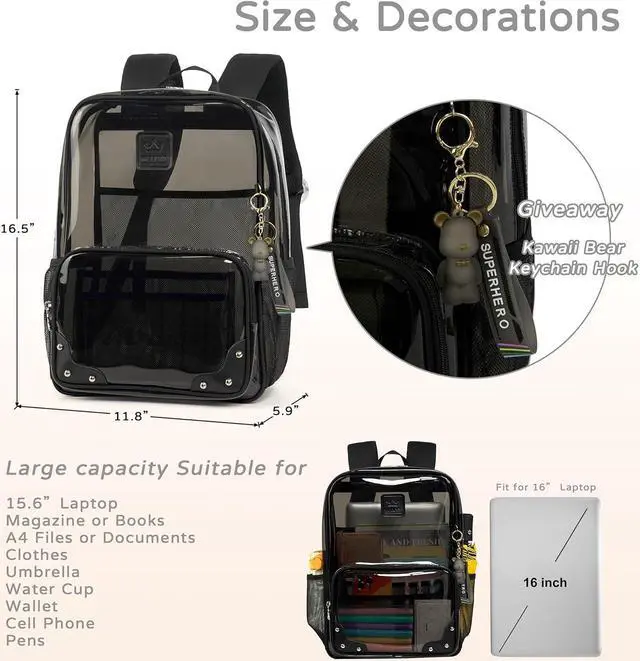 Alt view image 6 of 6 - Caoroky knight Clear Backpack Heavy Duty Transparent Laptop Backpacks 15.6 Inch See Through TPU Travel Daypack Large College Bookbag for Women Men Teens Girls Boys students-Black