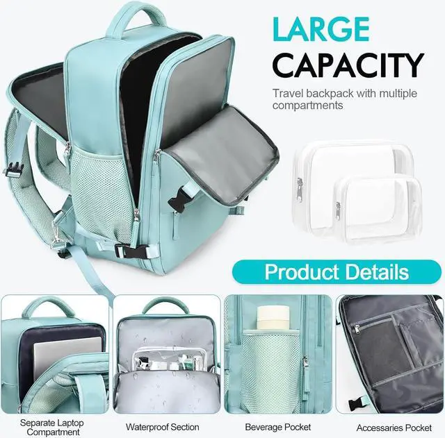 Alt view image 5 of 6 - Travel Laptop Backpack Carry On Backpack for Men Women Flight Approved College School Computer Bag for Business Hiking Personal Item Backpack Fits 15.6 Inch Notebook Blue-Green