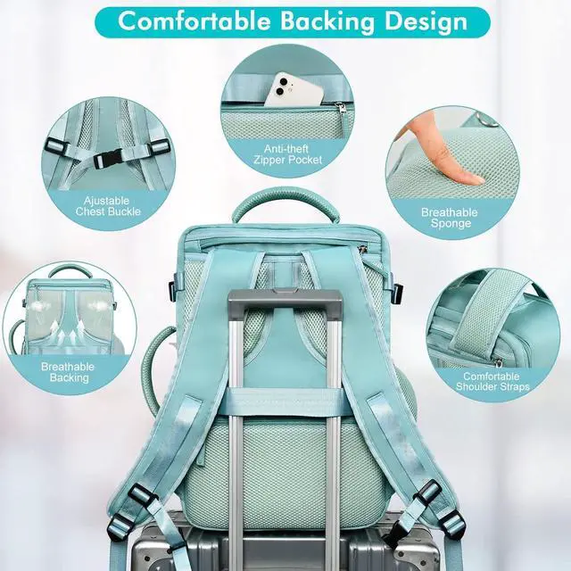 Alt view image 6 of 6 - Travel Laptop Backpack Carry On Backpack for Men Women Flight Approved College School Computer Bag for Business Hiking Personal Item Backpack Fits 15.6 Inch Notebook Blue-Green