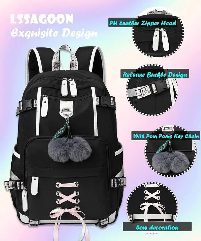 Alt view image 4 of 7 - Backpack for Women Teen Kids Girls, Water Resistant Casual Daypack Fits Laptop with USB Charging Port,Cute Bookbag for Travel,School,Hiking,Gift