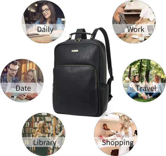 Alt view image 6 of 7 - Telena Leather Laptop Backpack for Women College Casual 15.6 inch Work Computer Bag Black