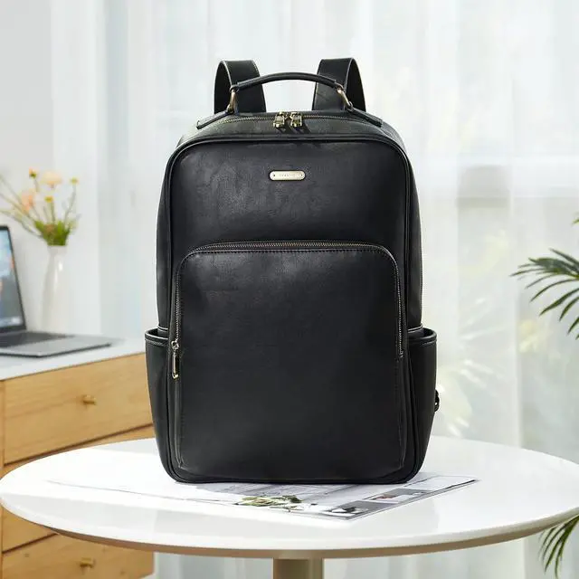 Alt view image 7 of 7 - Telena Leather Laptop Backpack for Women College Casual 15.6 inch Work Computer Bag Black