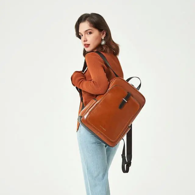 Alt view image 2 of 7 - BOSTANTEN Leather Laptop Backpack for Women,15.6 inch Computer Backpack Purse College Daypack Work Travel Bag Brown