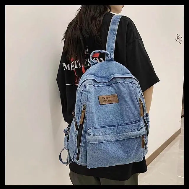 Alt view image 3 of 7 - Denim Backpack for Women Men Vintage Grunge Backpack Blue Jeans Laptop Backpack Retro Rucksack for Travel Work (Blue,One Size)