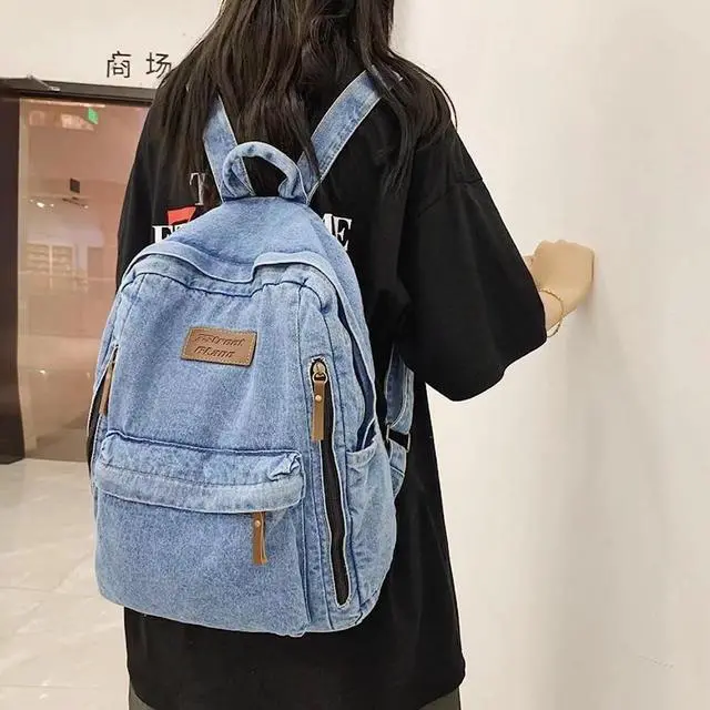 Alt view image 2 of 7 - Denim Backpack for Women Men Vintage Grunge Backpack Blue Jeans Laptop Backpack Retro Rucksack for Travel Work (Blue,One Size)