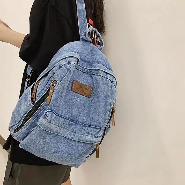 Alt view image 4 of 7 - Denim Backpack for Women Men Vintage Grunge Backpack Blue Jeans Laptop Backpack Retro Rucksack for Travel Work (Blue,One Size)