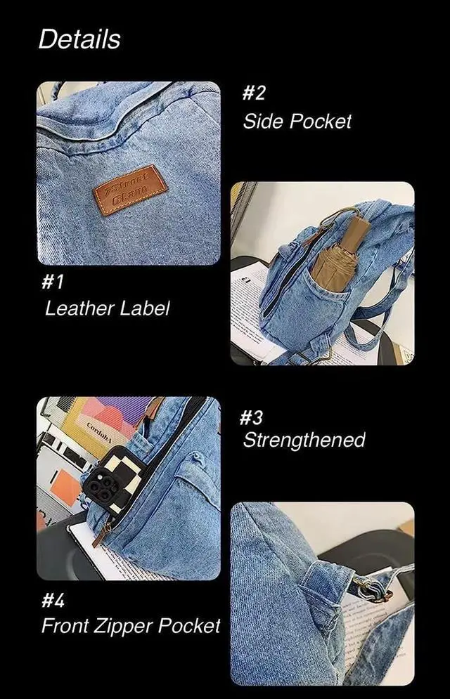 Alt view image 5 of 7 - Denim Backpack for Women Men Vintage Grunge Backpack Blue Jeans Laptop Backpack Retro Rucksack for Travel Work (Blue,One Size)